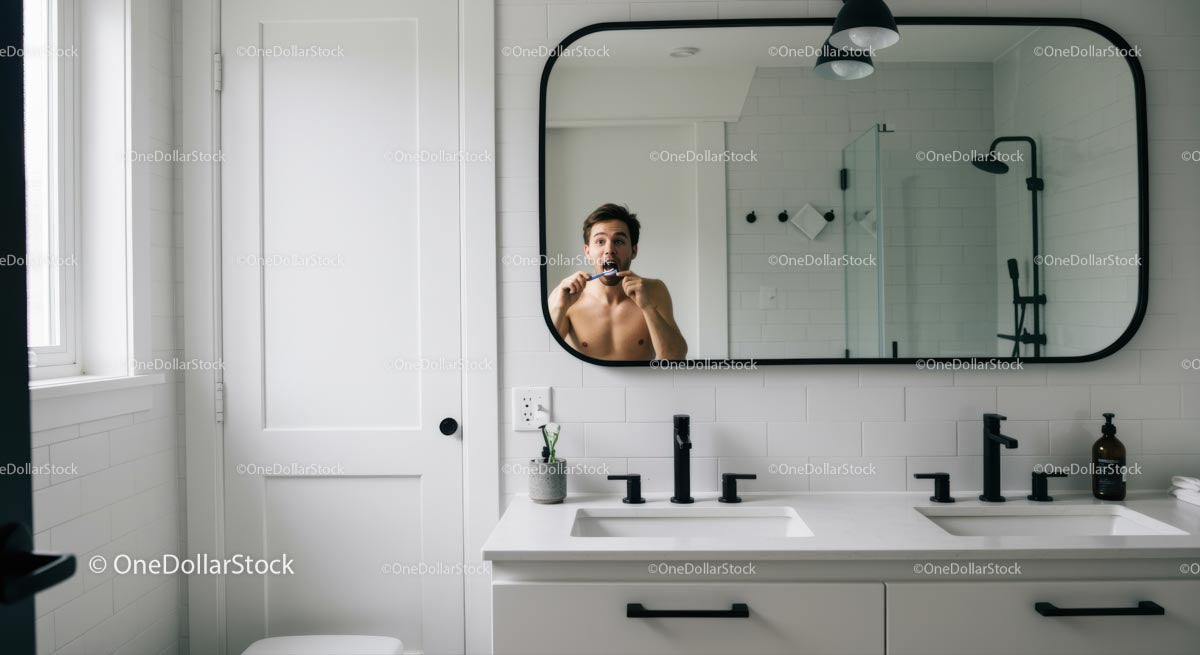 Man Brushing Teeth in Modern Bathroom Mirror