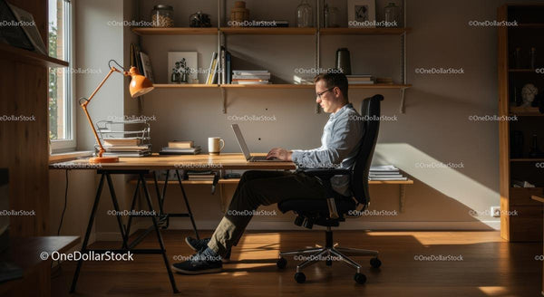 Man Working on Laptop in Sunlit Home Office