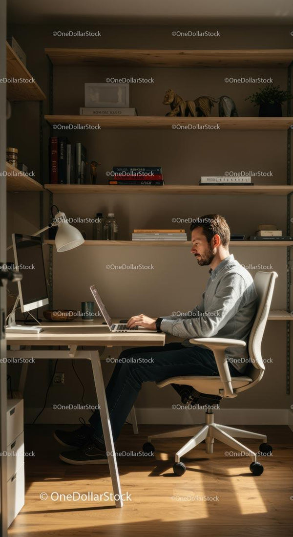 Skoncentrowany mężczyzna pracujący na laptopie w nowoczesnym domowym biurze