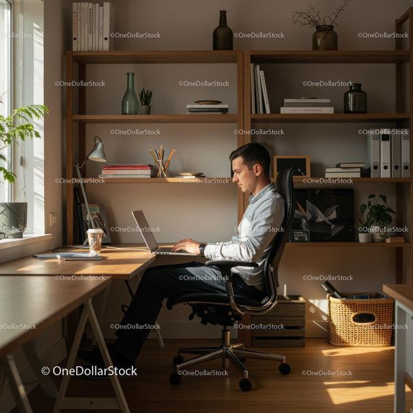 Man Working at Laptop in Sunlit Home Office