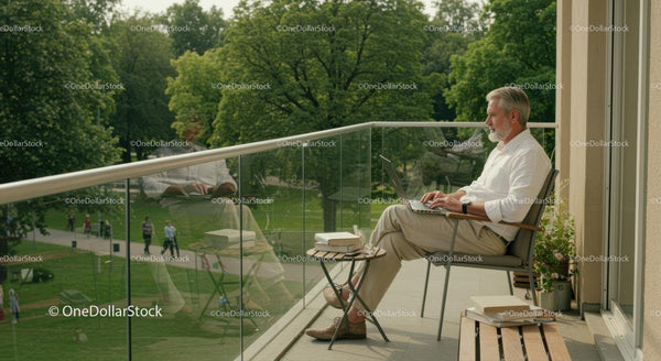 Man Working Remotely on a Balcony with Laptop and Green View