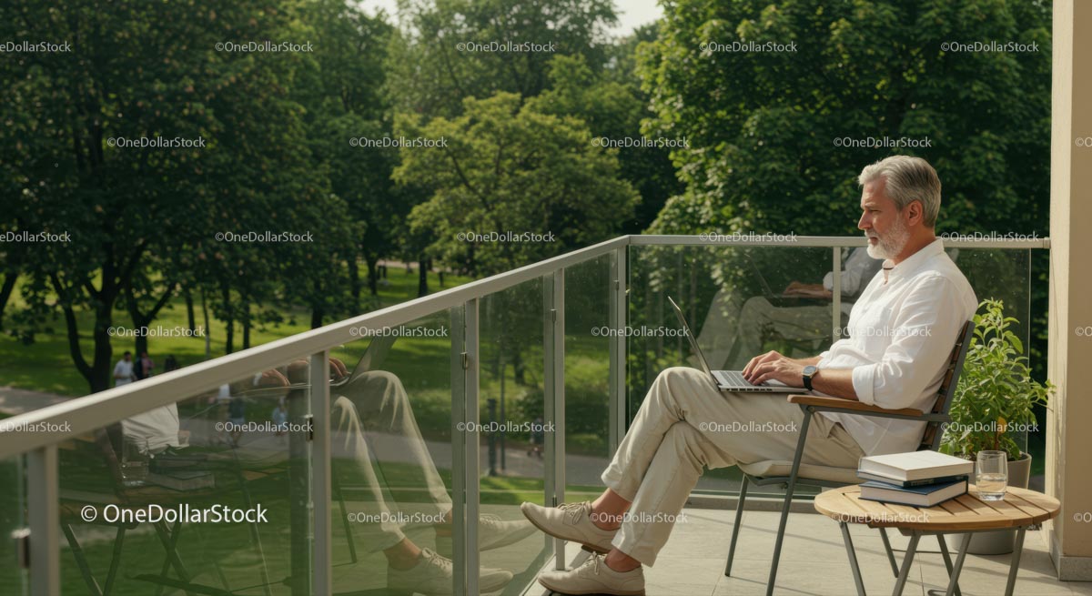 Senior Man Working on Laptop from Balcony Overlooking Park