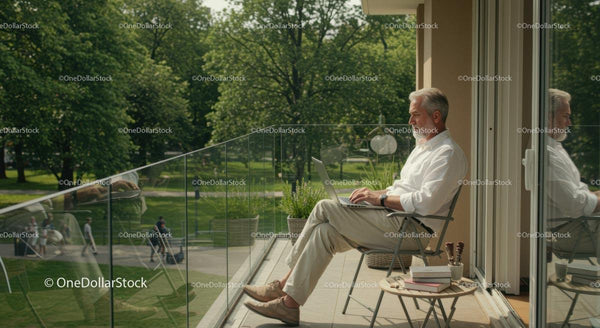 Elderly Man Working on Laptop in Sunny Balcony Setting