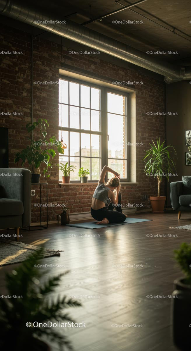 Woman Practicing Yoga in Sunlit Urban Loft