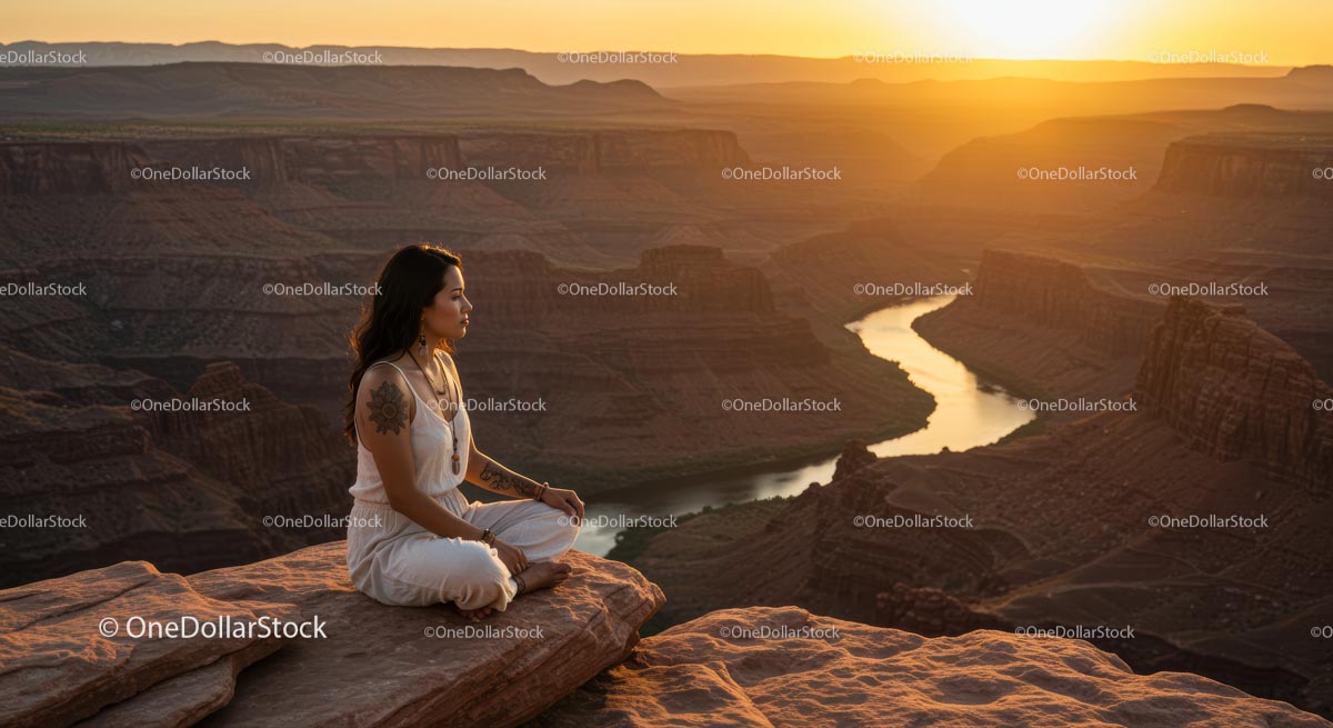 Woman Meditating at Sunset in Majestic Canyon Scenery
