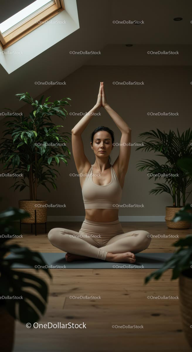 Woman Meditating in Peaceful Indoor Yoga Space with Plants