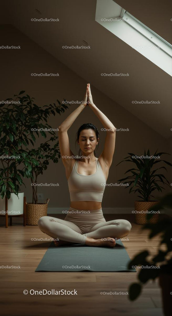 Woman Meditating in a Peaceful Home Setting with Plants