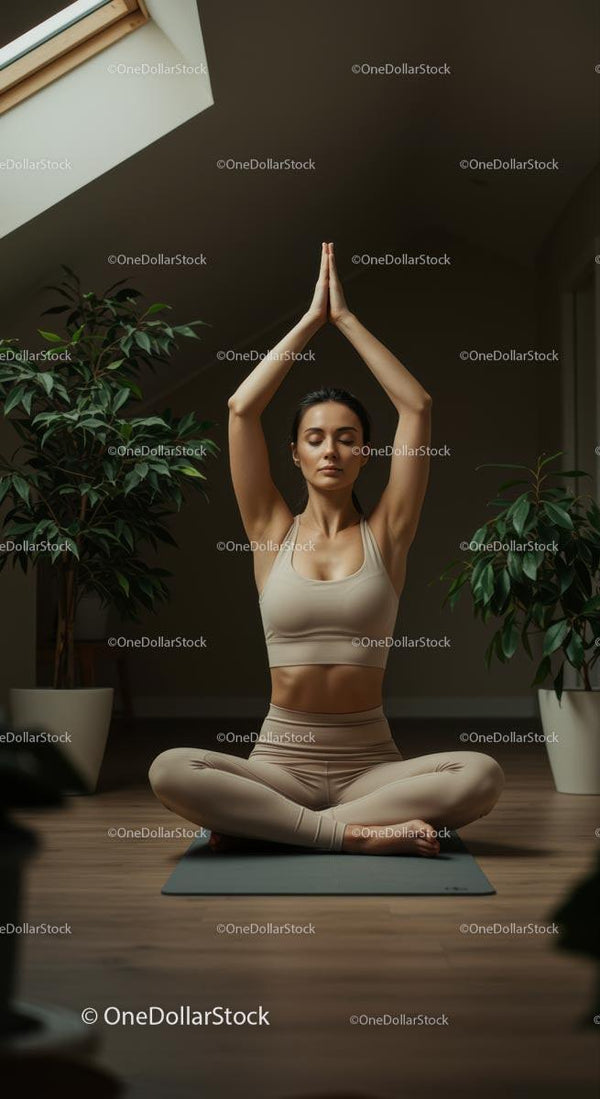 Woman Meditating at Home Surrounded by Potted Plants