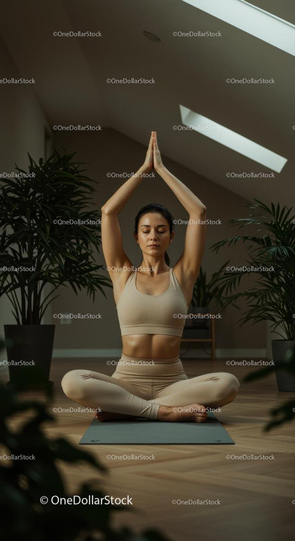 Woman Meditating in Tranquil Indoor Yoga Session