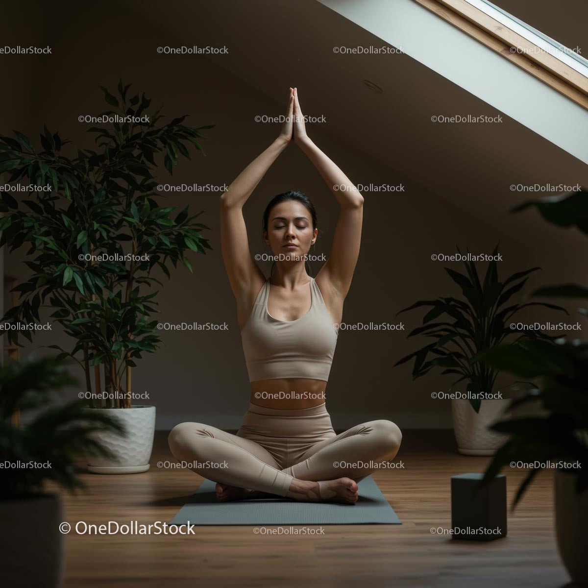 Woman Practicing Yoga in a Calm and Green Indoor Environment