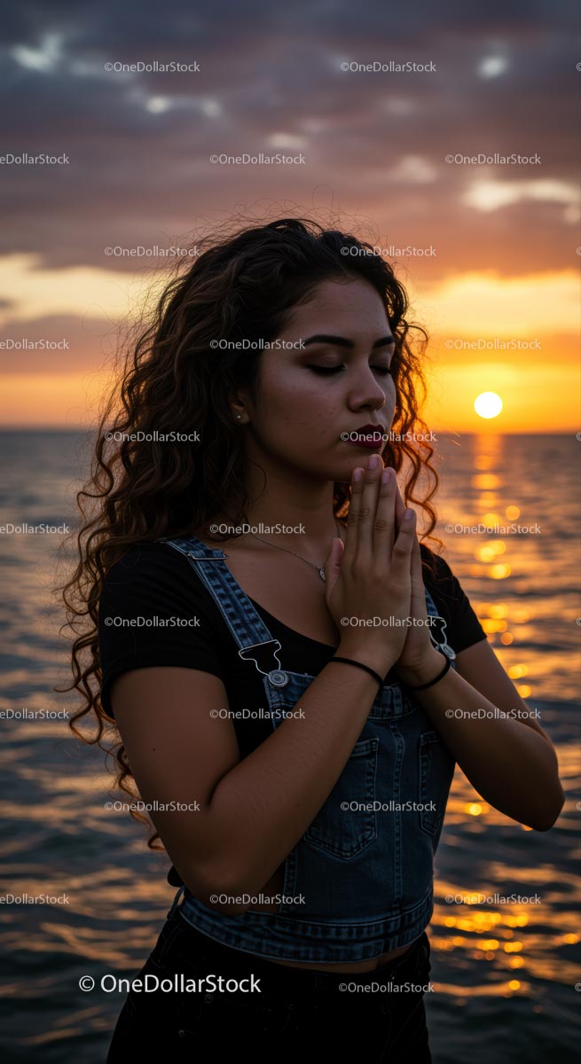 Contemplative Woman Praying at Sunset Over the Ocean