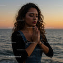 Meditative Woman at Sunset by the Ocean