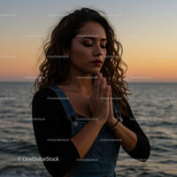 Meditative Woman at Sunset by the Ocean