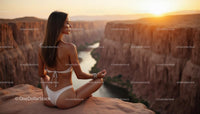 Woman Meditating at Sunset Over Majestic Canyon View