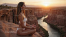 Woman Meditating by Canyon Edge at Sunset