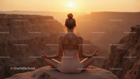 Silhouette of Woman Practicing Yoga at Scenic Canyon at Sunset
