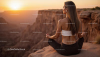 Woman Meditating at Sunset in Majestic Canyon Landscape