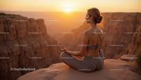 Woman Meditating at Sunset Over Scenic Canyon
