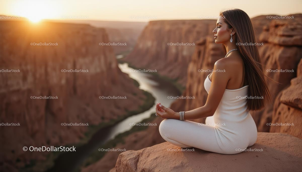 Silhouette of Woman Practicing Yoga at Scenic Canyon at Sunset
