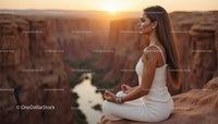Silhouette of Woman Practicing Yoga at Scenic Canyon at Sunset