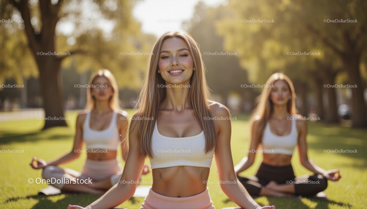 Women Practicing Yoga in a Sunny Park Setting