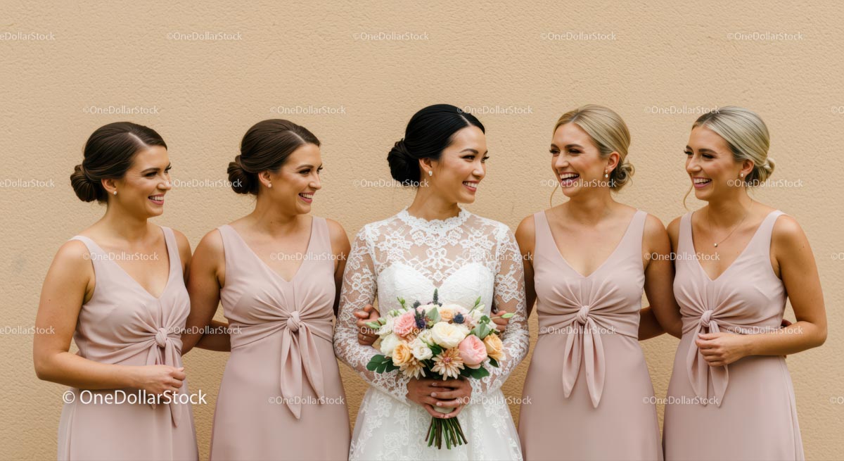 Bride and Bridesmaids with Elegant Floral Bouquet