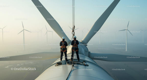 Maintenance Workers on Wind Turbine at Sunrise