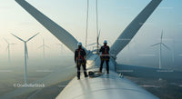 Engineers Performing Maintenance on Wind Turbine at Sunrise