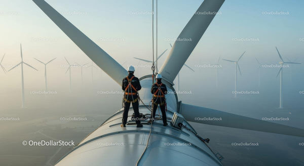 Engineers Maintaining a Wind Turbine at Sunrise