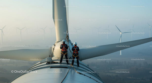 Engineers Maintaining Wind Turbine on Foggy Day