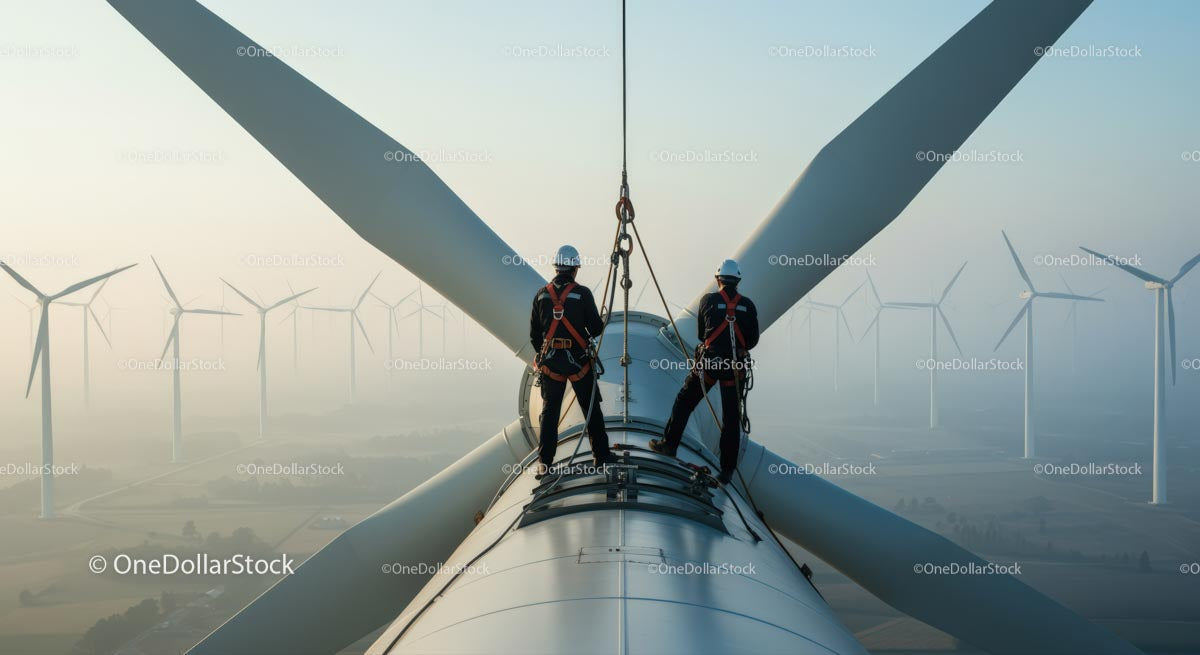 Technicians Maintaining Wind Turbine at Sunrise
