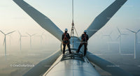 Technicians Maintaining Wind Turbine at Sunrise