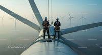 Technicians Working on Wind Turbine in Blue Sky
