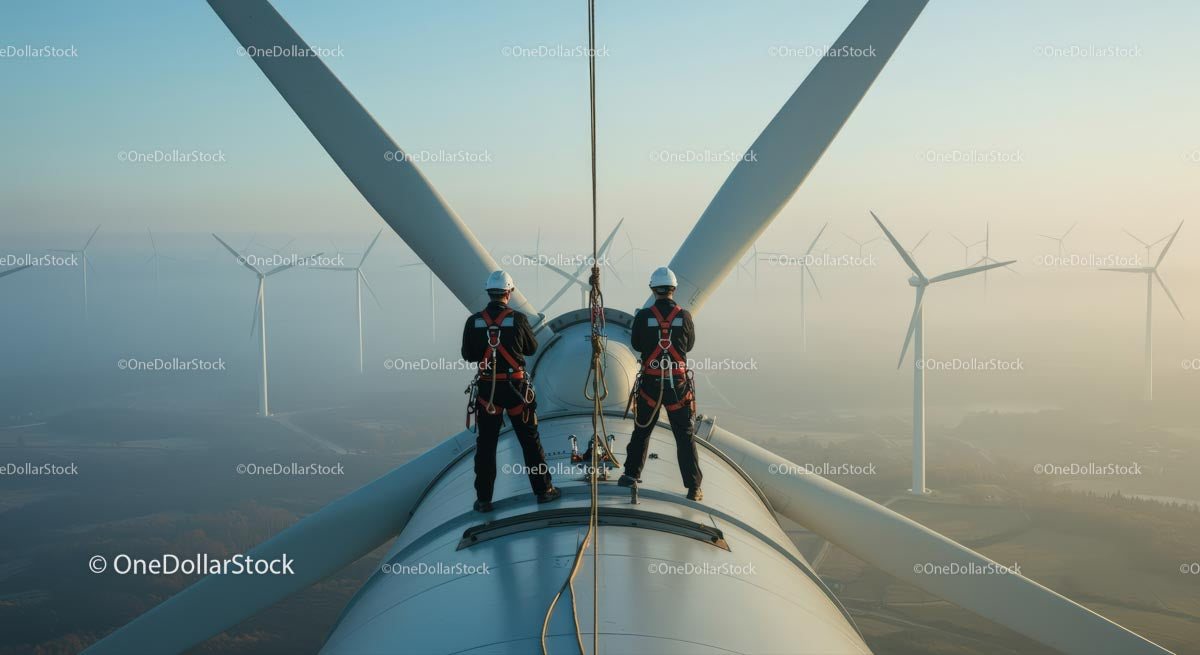 Engineers Maintaining Wind Turbine at Sunrise