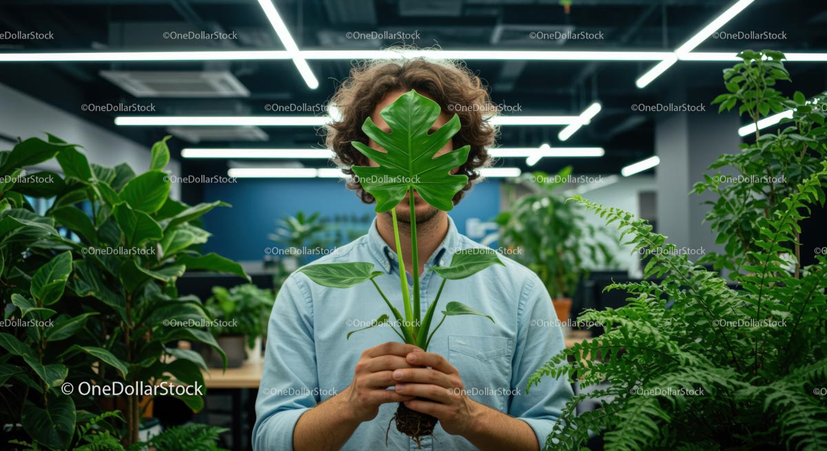 Man Holding Monstera Leaf in Modern Office Setting