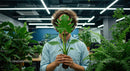 Person Holding Monstera Leaf in Modern Office