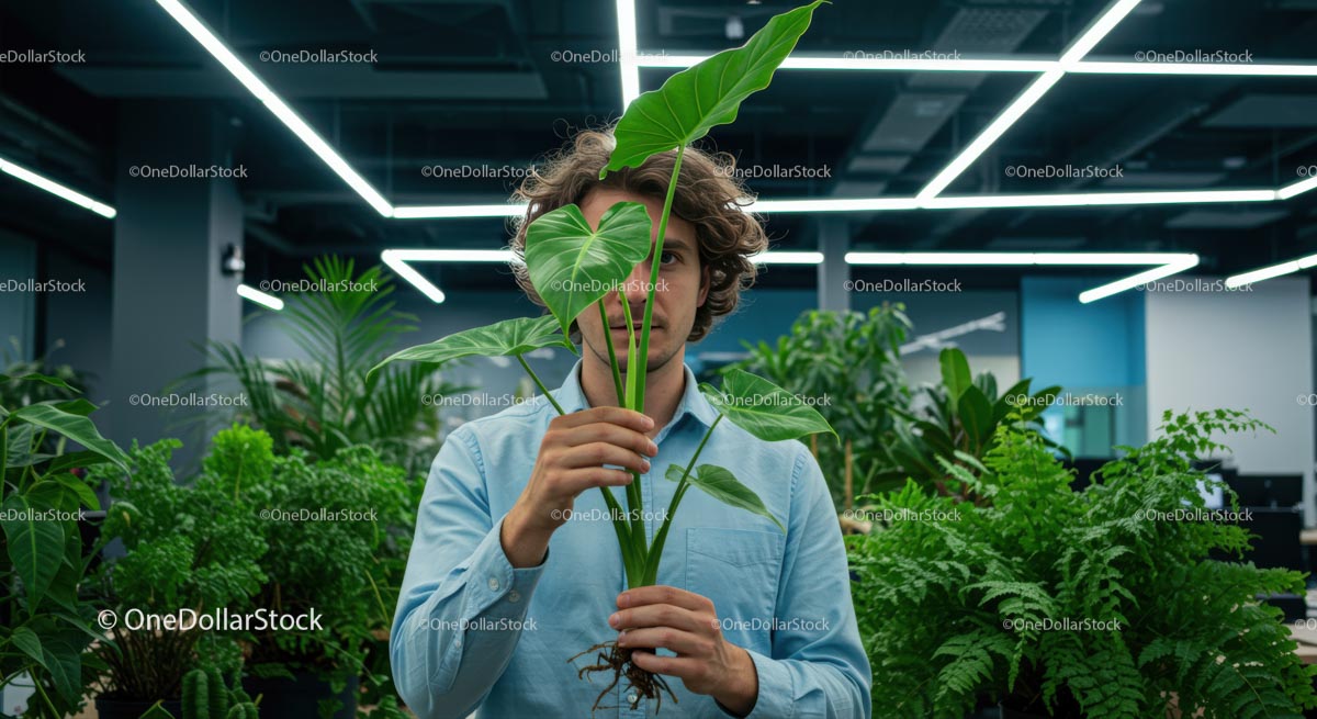 Person Holding Monstera Leaf in Modern Office