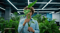 Person Holding Monstera Leaf in Modern Office