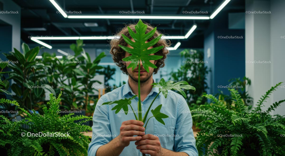 Man Holding Tropical Leaf in Green Office Environment