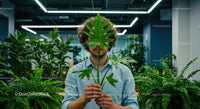 Man Holding Tropical Leaf in Green Office Environment