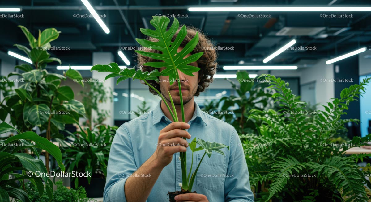 Person Holding Monstera Leaf in Modern Office