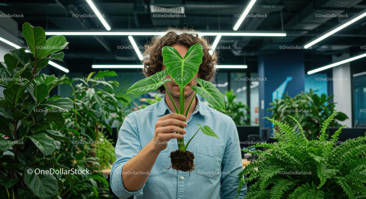 Person Hiding Behind Large Philodendron in Modern Office