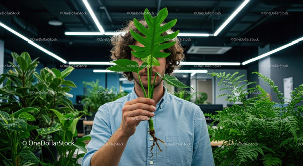 Young Man Hiding Behind Monstera Plant in Modern Office