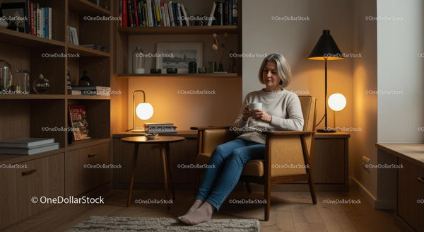 Kobieta relaksująca się w przytulnym nowoczesnym salonie