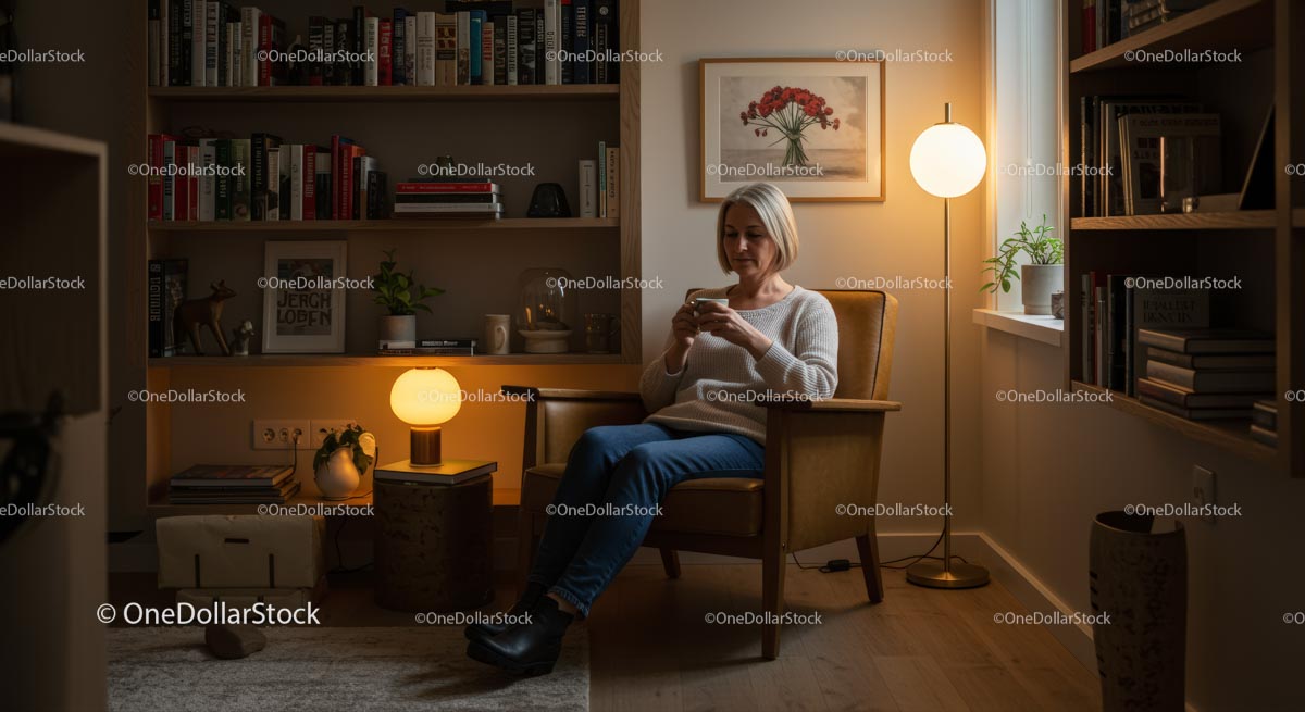 Woman Relaxing in Cozy Living Room with Warm Lighting