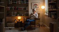 Woman Relaxing in Cozy Living Room with Warm Lighting