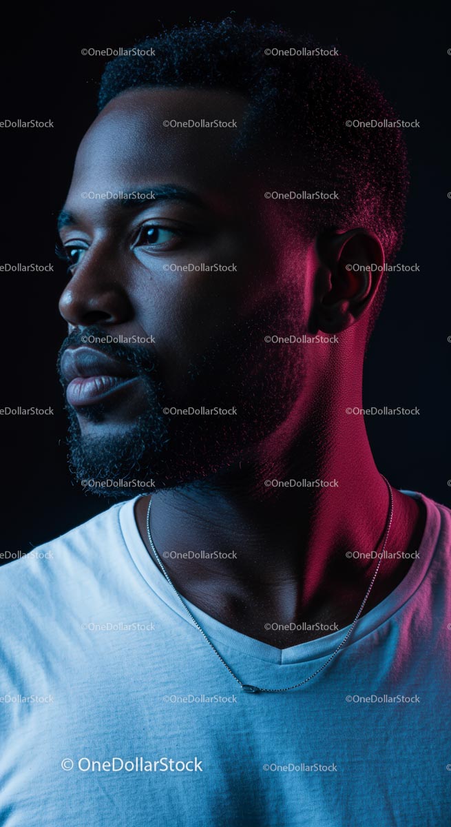 Thoughtful Man in Dramatic Lighting with Pink and Blue Hues