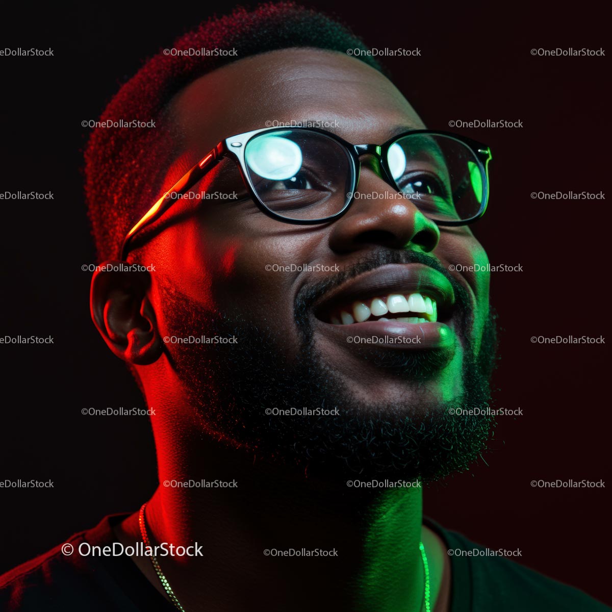 Smiling Man in Glasses with Vibrant Red and Green Lighting