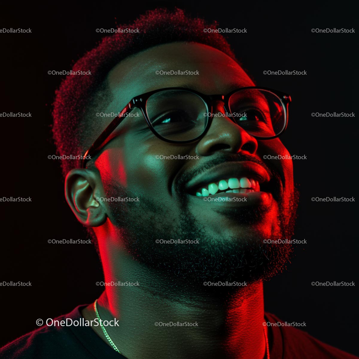 Smiling Man in Glasses with Red and Teal Lighting