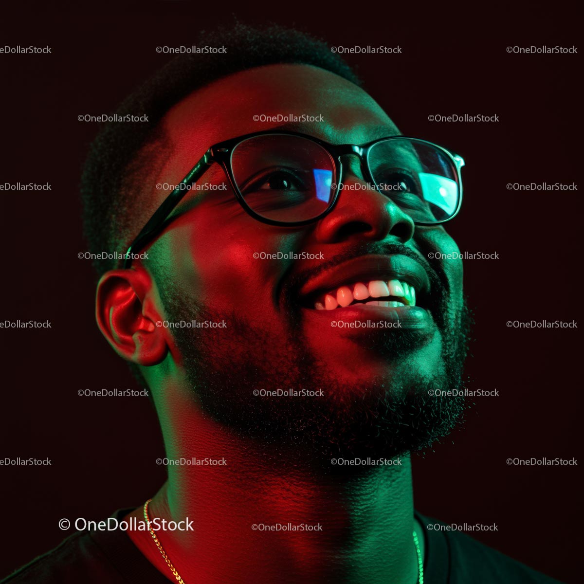 Smiling Man in Glasses with Vibrant Neon Lighting